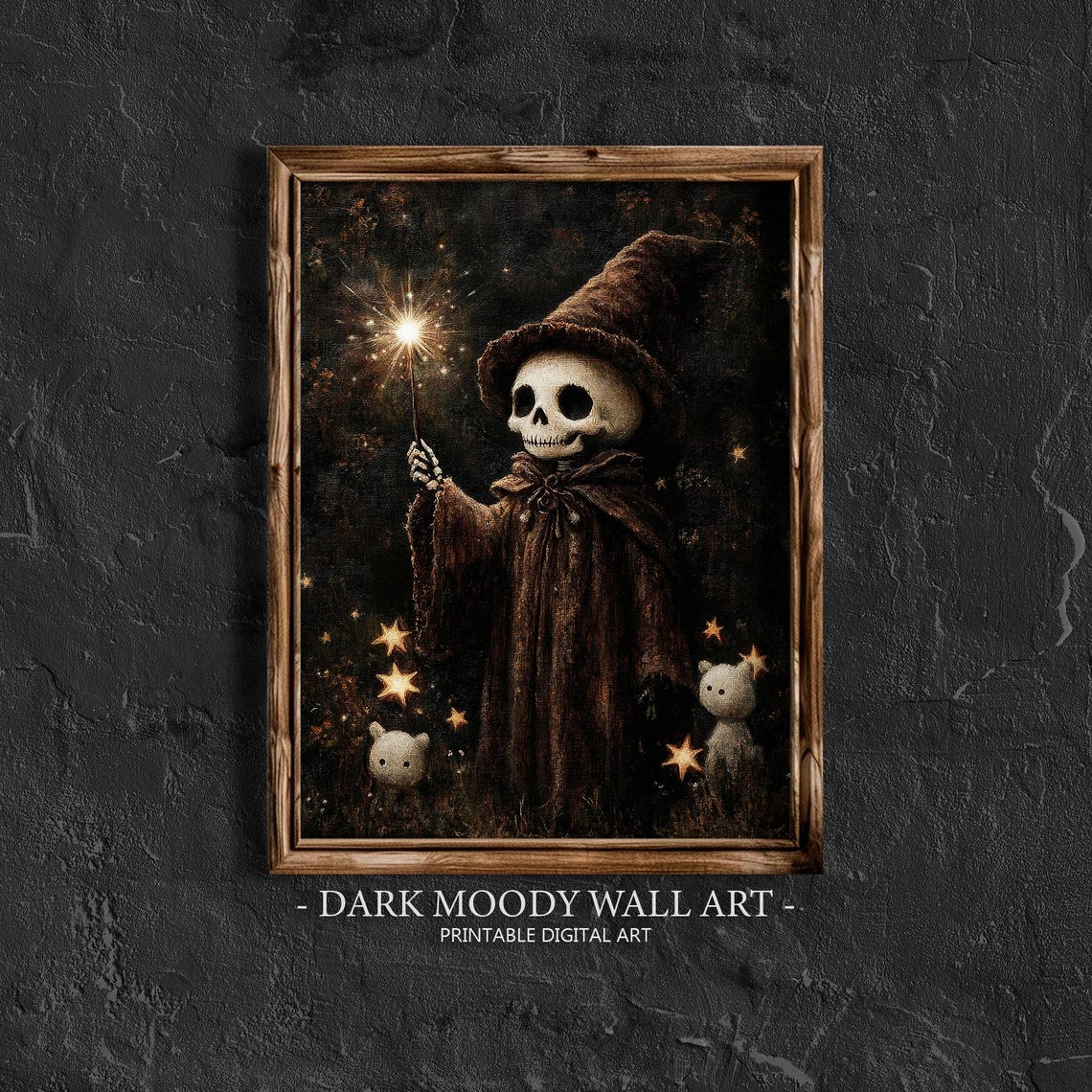 Skeleton Wizard Holding Sparkler Tiny Ghosts Cute Halloween Art Poster