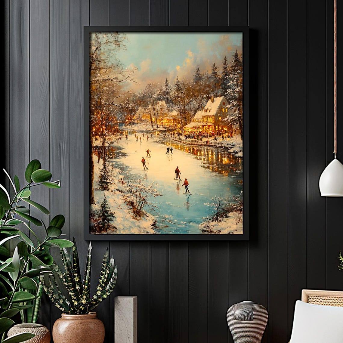 Frozen River Skaters Glowing Winter Cabins Twilight Painting Poster - Image 4