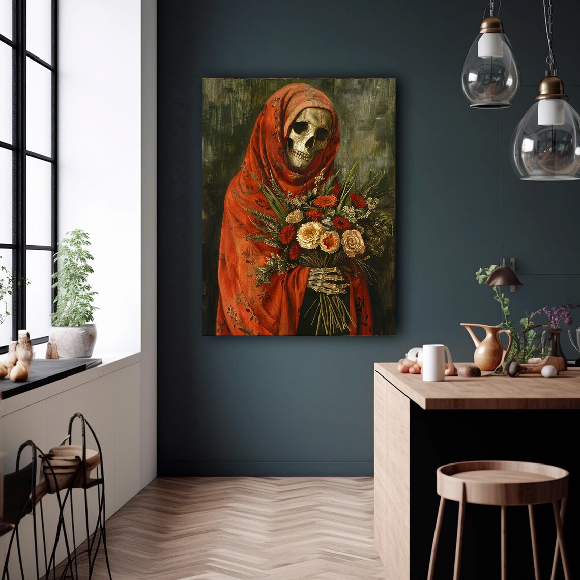 Santa Muerte Skeleton Red Robe Flower Bouquet Folk Art Poster - Image 2