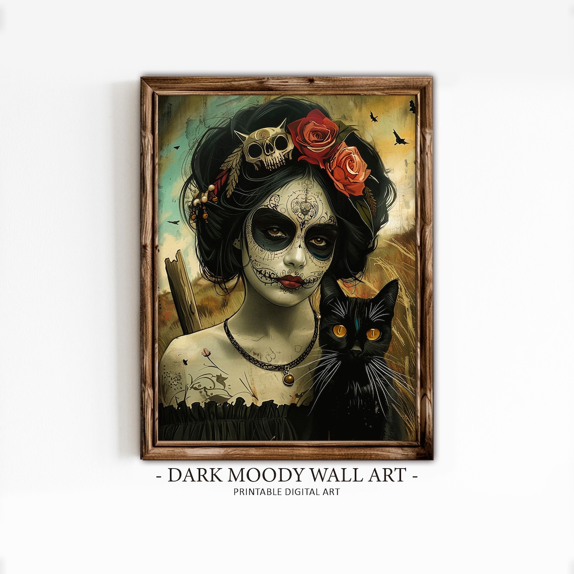 La Catrina With Black Cat Skull Crown Red Roses Dark Painting Poster