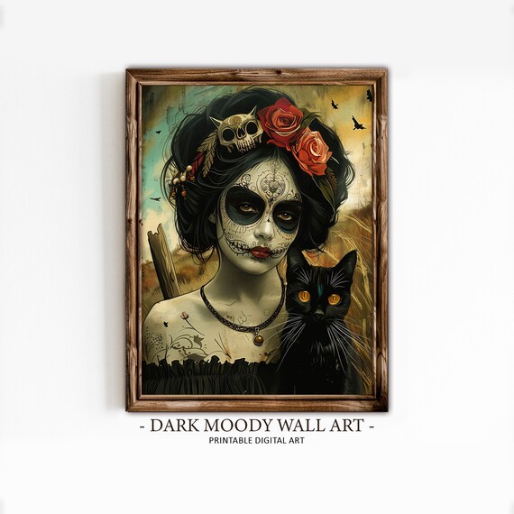 La Catrina With Black Cat Skull Crown Red Roses Dark Painting Poster