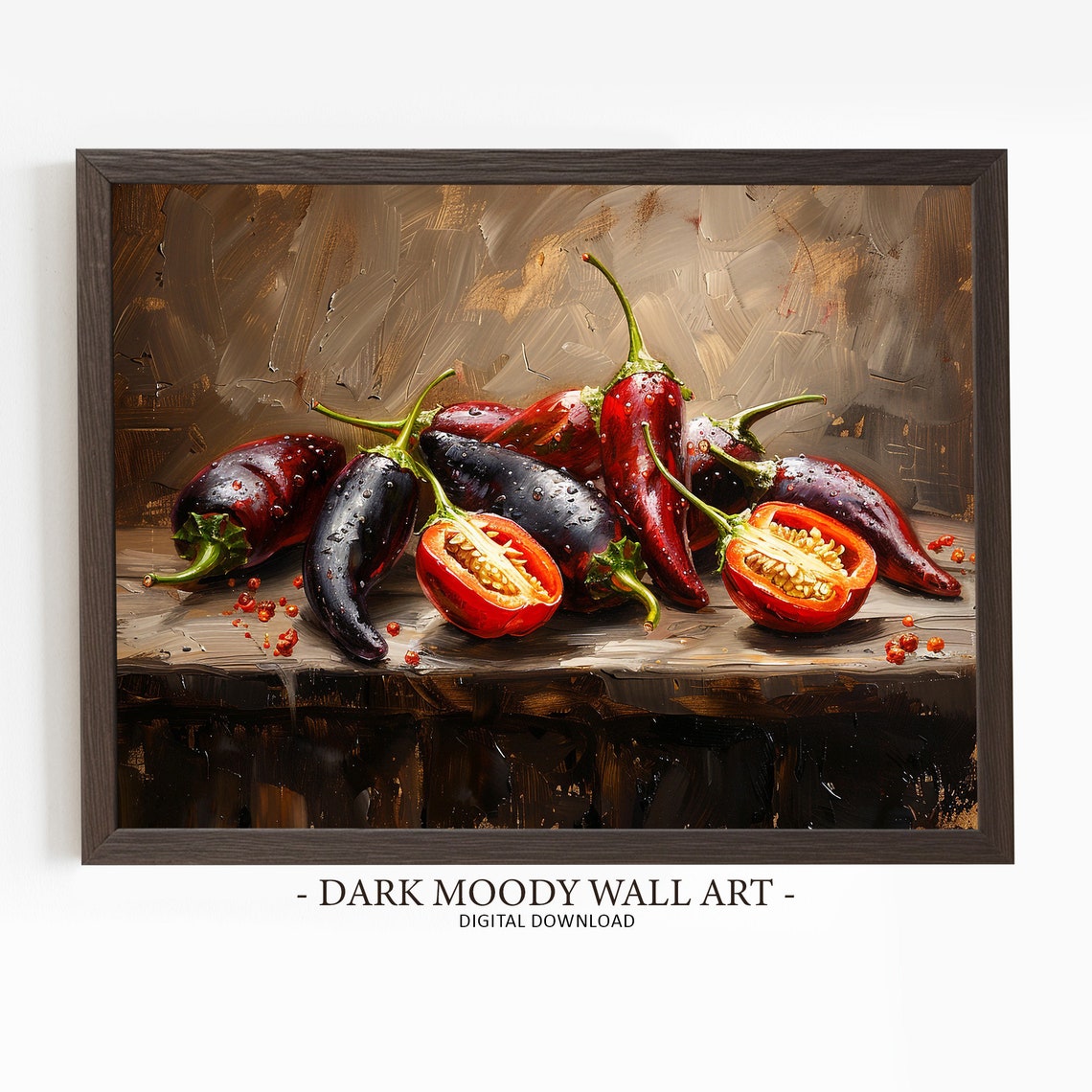 Chilli Pepper Painting Dark Moody Art Kitchen Still Life Print Wall Art