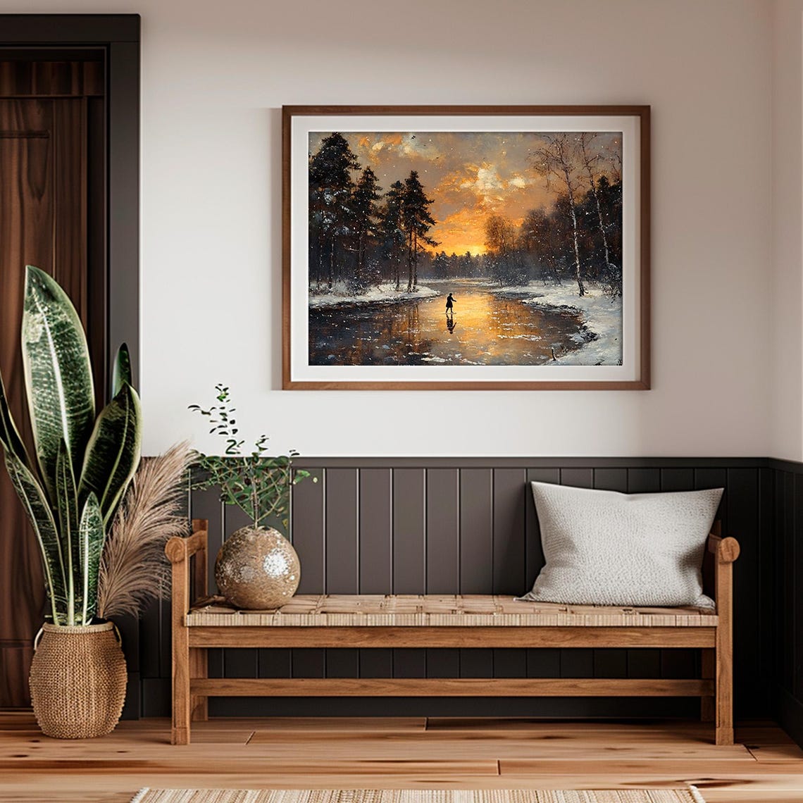 Winter Sunset Frozen River Lone Skater Landscape Painting Poster - Image 4