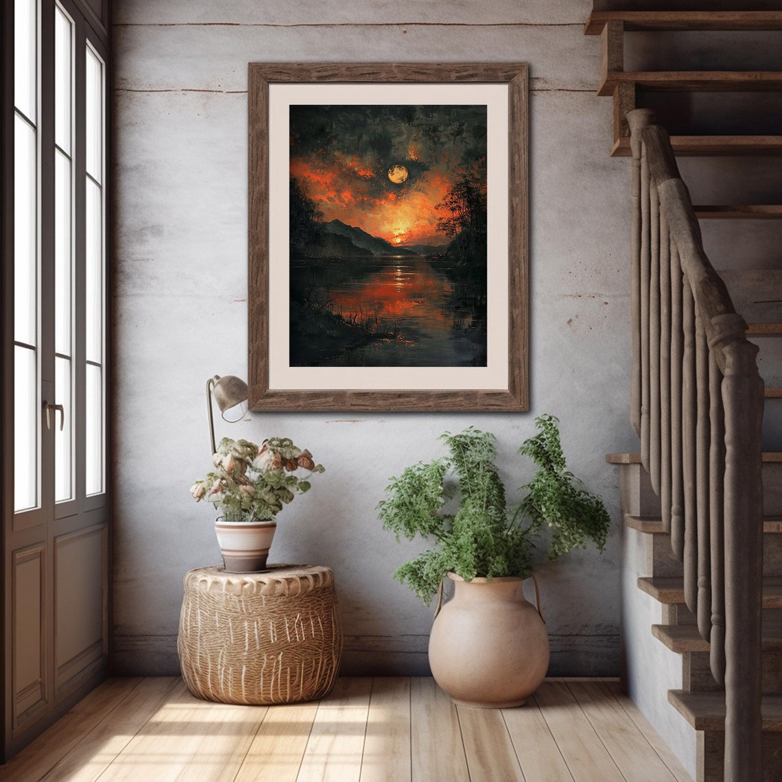 Sunset And Full Moon Painting Lake Landscape Print Dark Moody Art - Image 5
