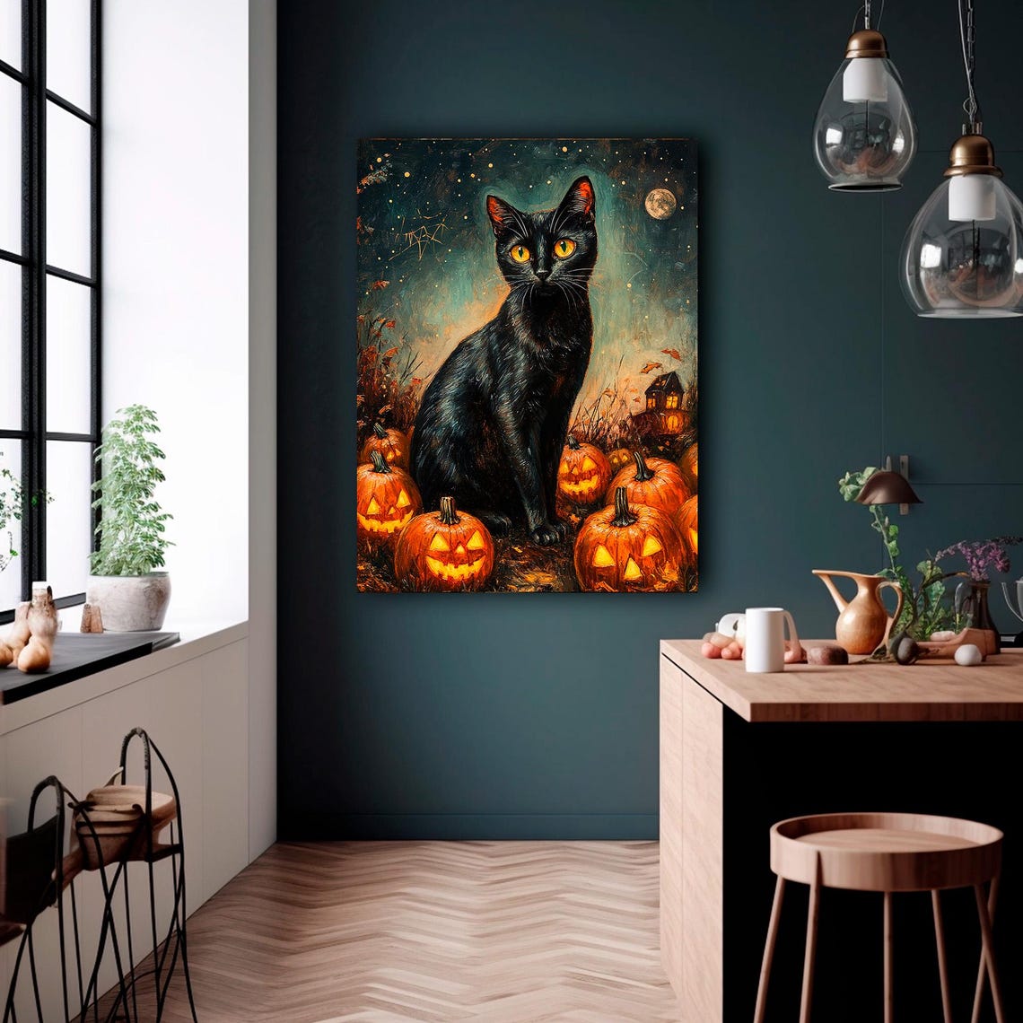 Black Cat And Jack O Lanterns Moonlit Night Halloween Wall Art - Image 4
