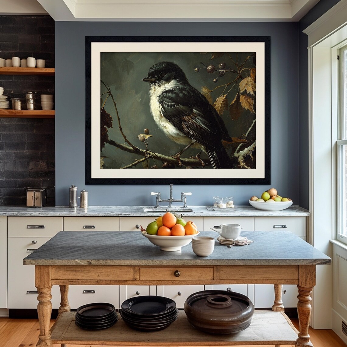 Dark Sparrow Songbird Branch Berries Moody Bird Painting Poster - Image 2