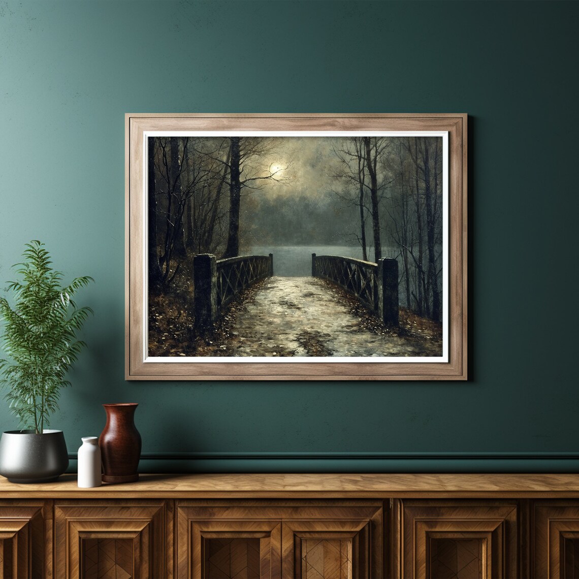 Moonlit Wooden Bridge Over a Dark Lake Night Landscape Painting Poster - Image 6