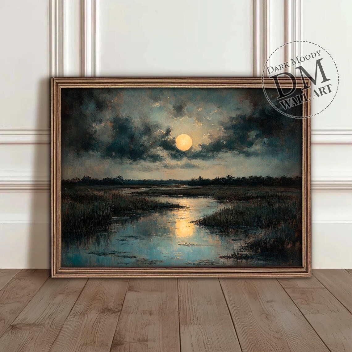 Moonlit Marsh Night Full Moon Clouds Water Dark Moody Art Poster