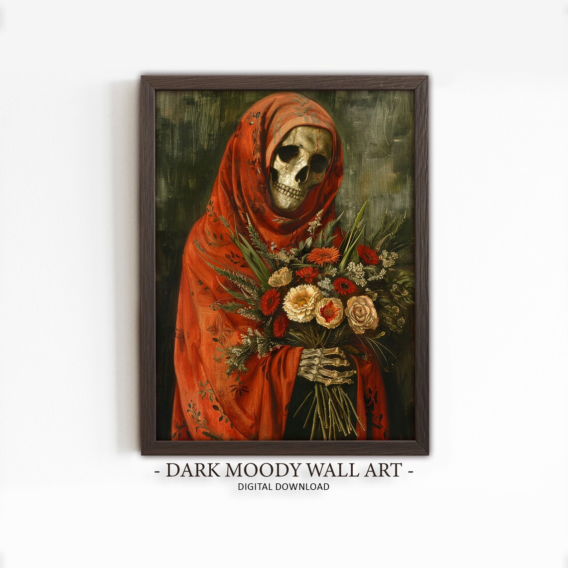 Santa Muerte Skeleton Red Robe Flower Bouquet Folk Art Poster