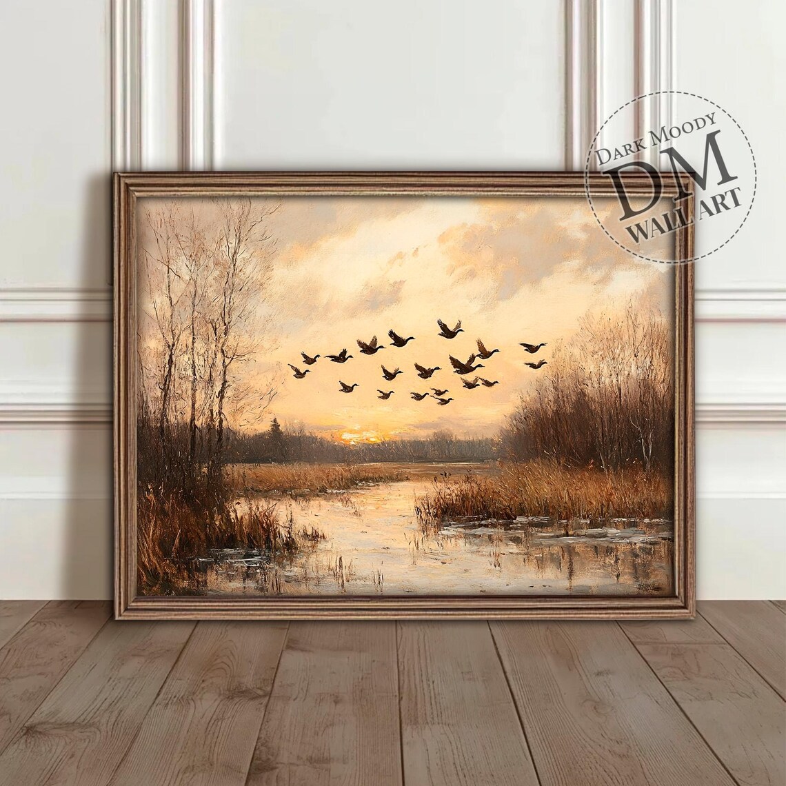 Autumn Ducks Wall Art Rustic Moody Nature Landscape Sunset Print