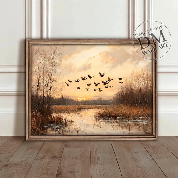 Autumn Ducks Wall Art Rustic Moody Nature Landscape Sunset Print