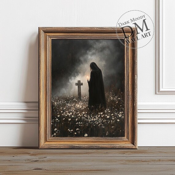 Gothic Cross Wall Art Dark Cemetery Candle Print