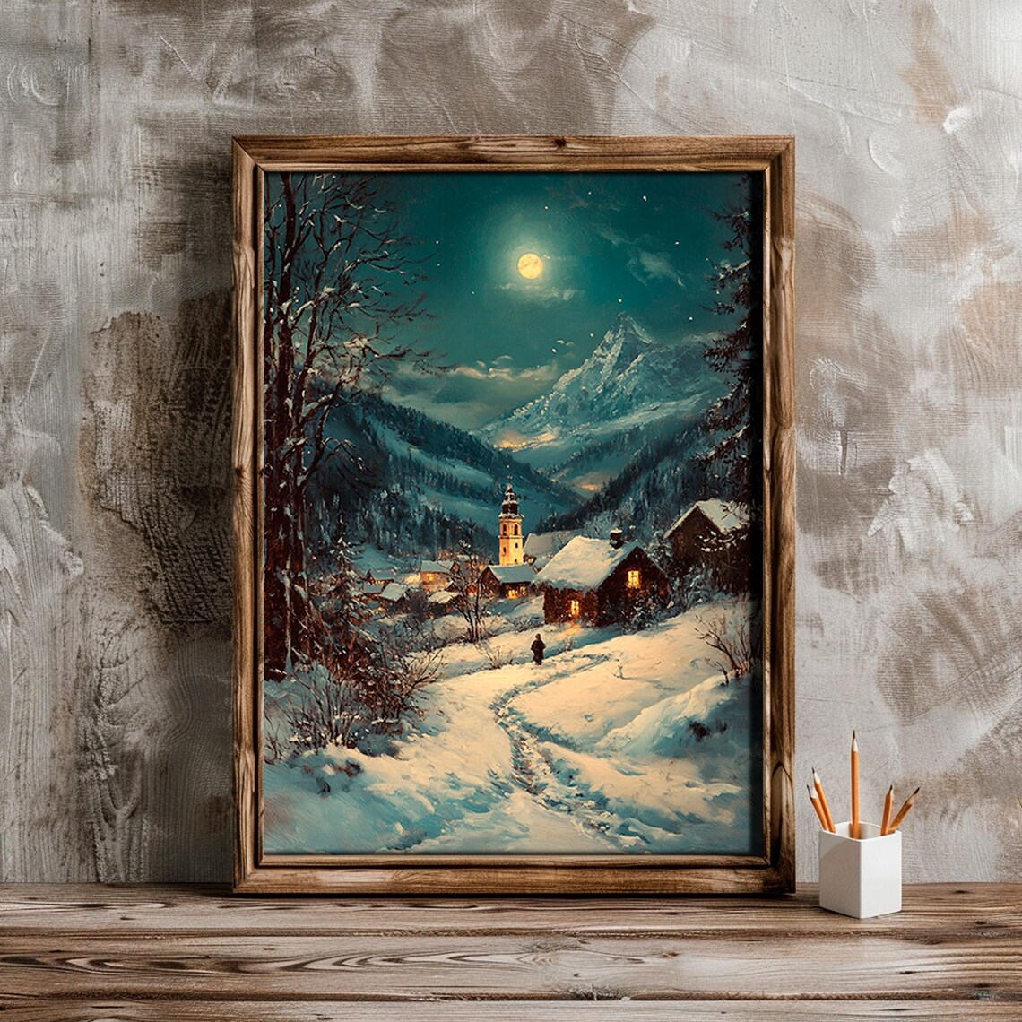 Golden Sunset Over Snowy Mountain Village Winter Evening Wall Art - Image 5
