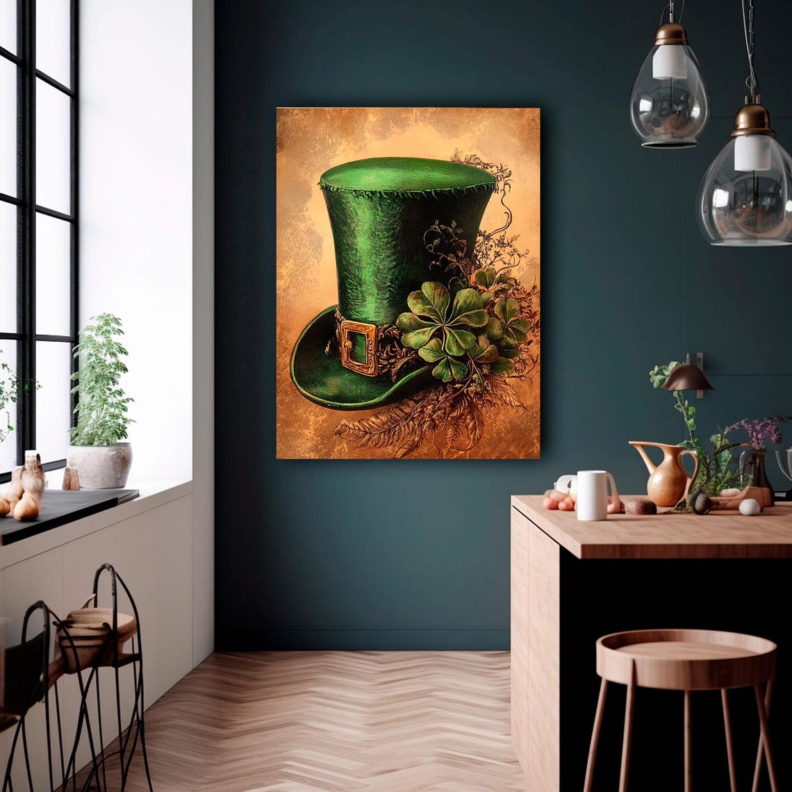 St Patricks Hat Print Vintage St Patricks Day Decor Rustic Irish Wall Art Shamrock Painting - Image 4