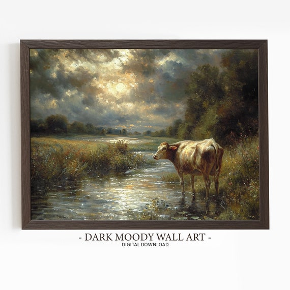 Rustic Cow Painting Vintage Farmhouse Artwork Dark Moody Stormy Landscape Print