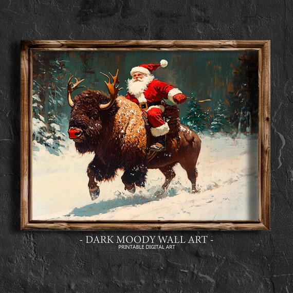 Santa Riding A Bison Print Vintage Christmas Wall Art Funny Santa Claus Wall Art Cottagecore Decor Moody Christmas Painting