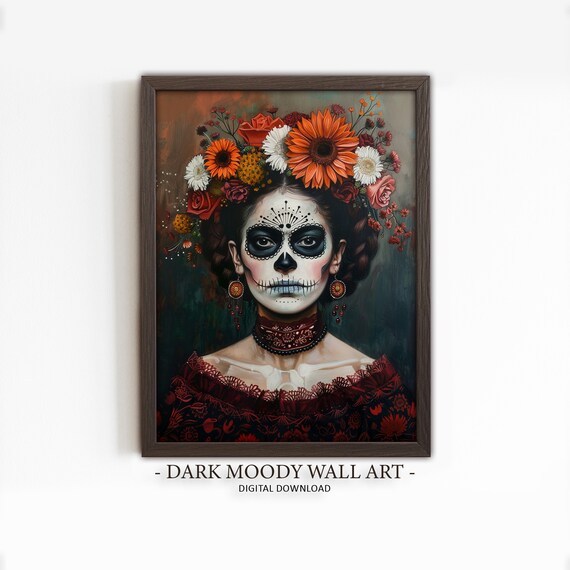 Calavera Woman Orange Flower Crown Day of the Dead Portrait Poster