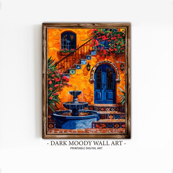 Mexican Courtyard Blue Fountain Orange Wall Stairs Bougainvillea Art Print