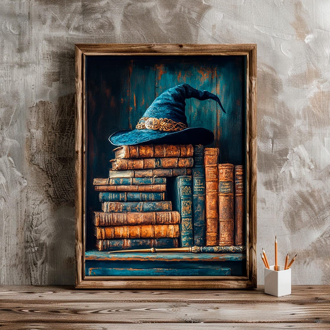 Blue Wizard Hat Magic Wand Stacked Vintage Books Teal Wall Poster - Image 6