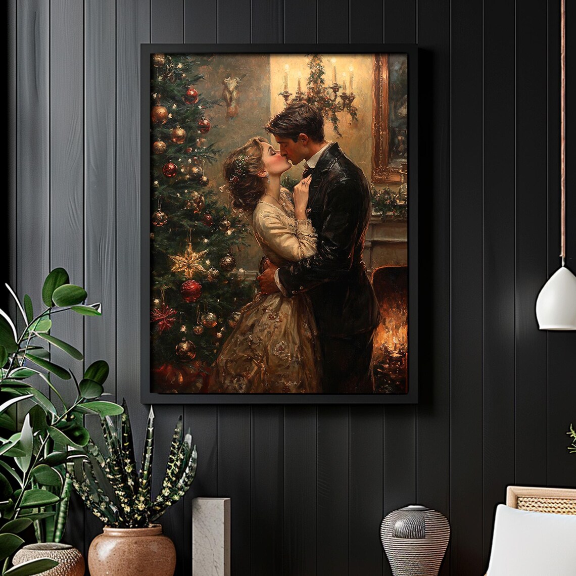 Victorian Couple Kissing By Christmas Tree Fireplace Romance Wall Art - Image 2