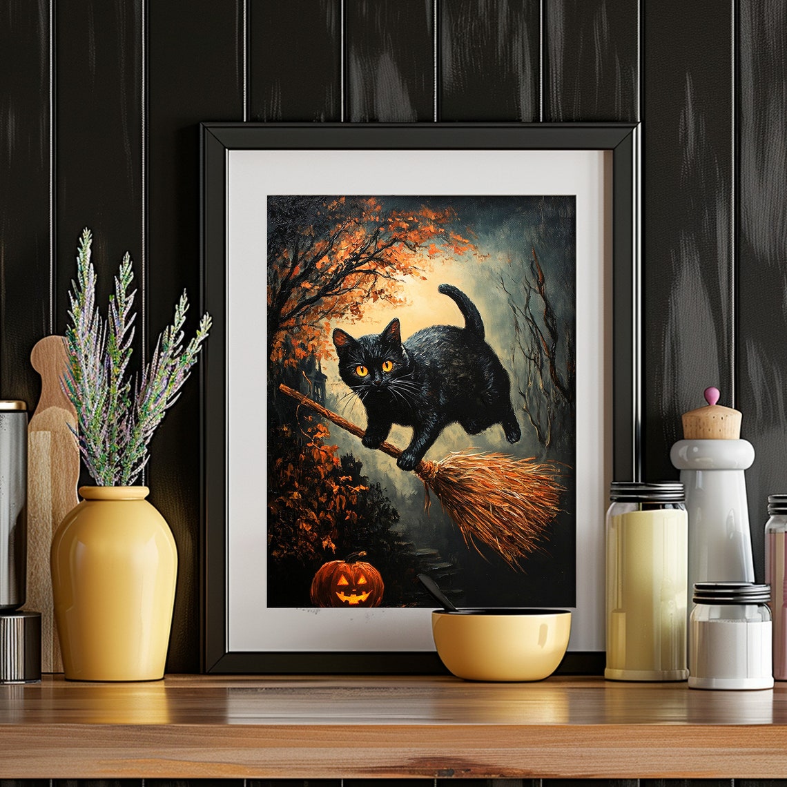 Black Cat Riding Broomstick Halloween Moonlit Night Flight Poster - Image 4