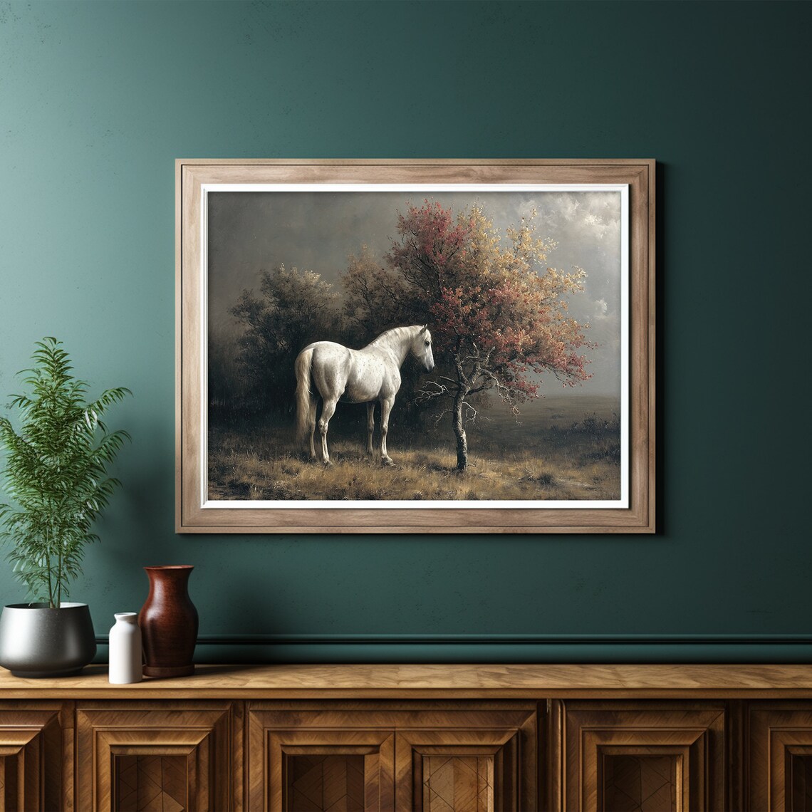 White Horse Standing In Dark Moody Field Vintage Oil Painting Poster - Image 6
