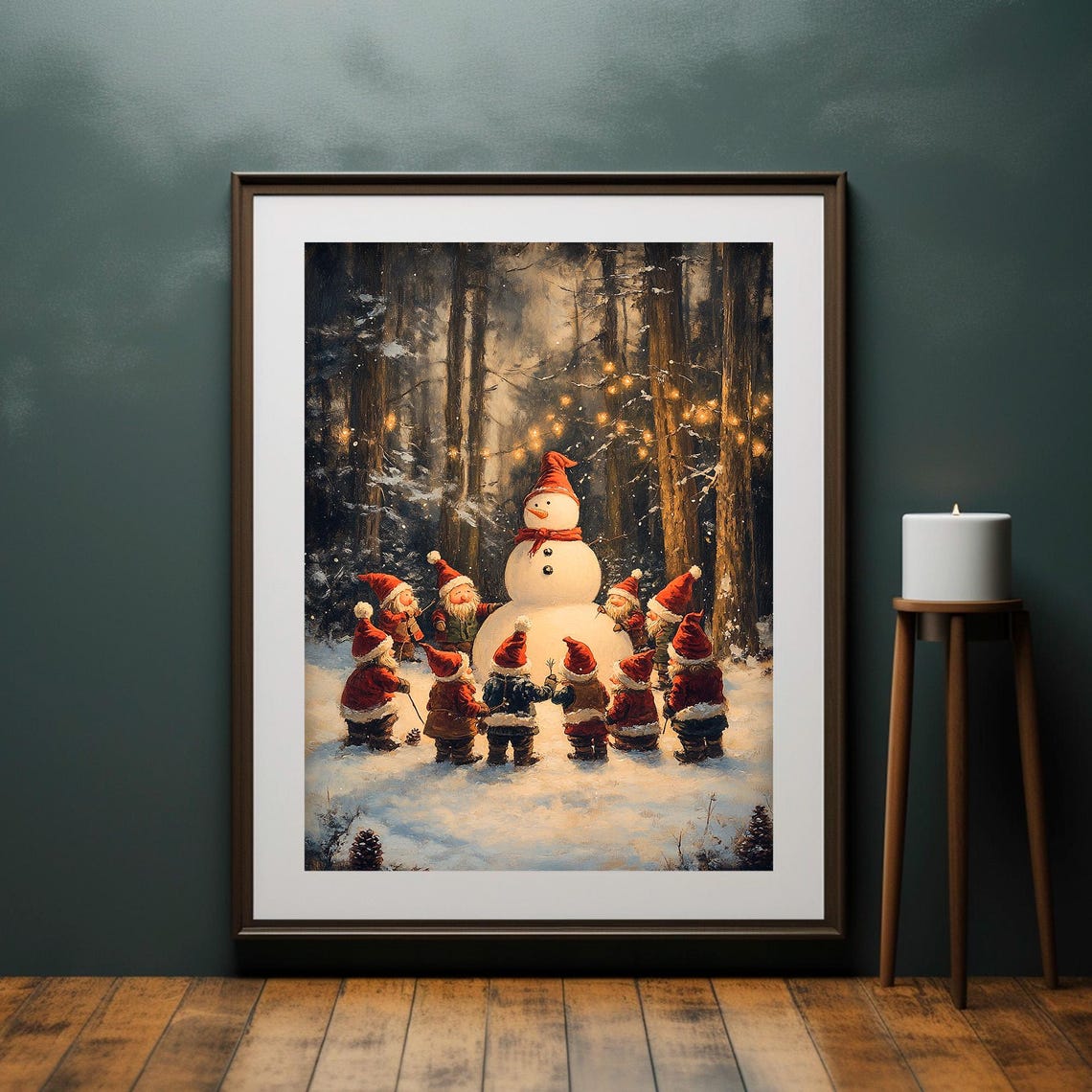 Snowman Surrounded by Gnomes in Snowy Christmas Forest Night Wall Art - Image 2