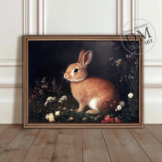 Antique Bunny Rabbit Print, Vintage Wildflower Decor