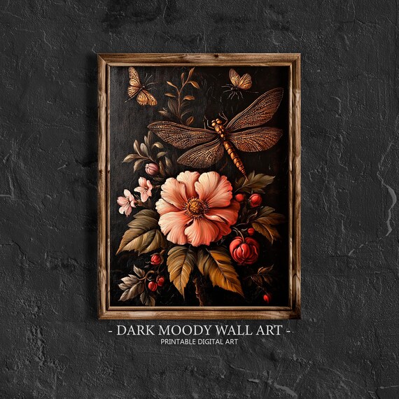 Vintage Floral Dragonfly Prints Botanical Dark Cottagecore Wall Art Moody Dark Academia Home Decor Farmhouse Lacquer Painting