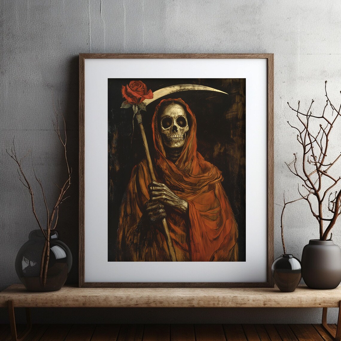 Santa Muerte Grim Reaper with Scythe and Rose Dark Gothic Art Poster - Image 2