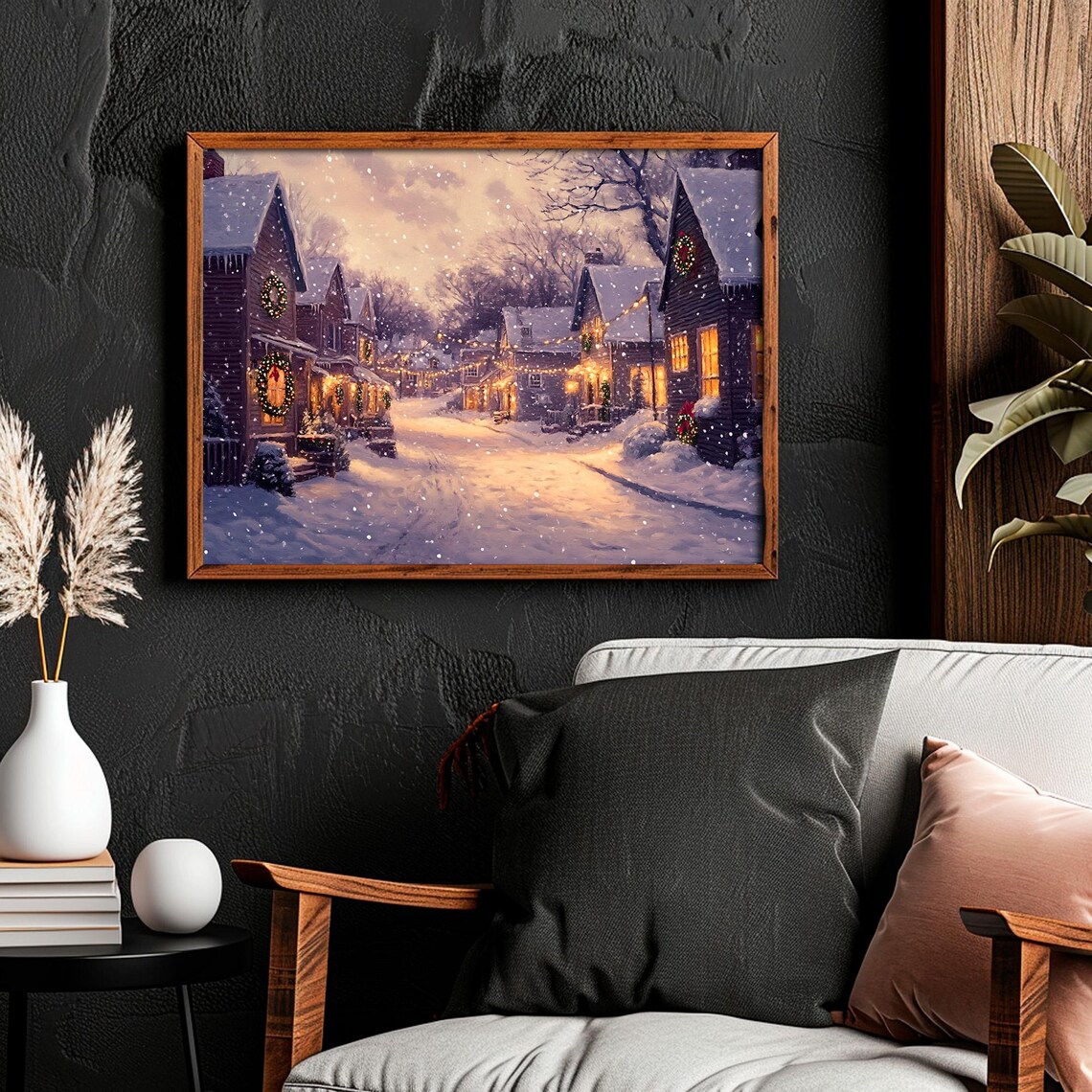 Snowy Village Street Twilight Wreaths String Lights Painting Poster - Image 4