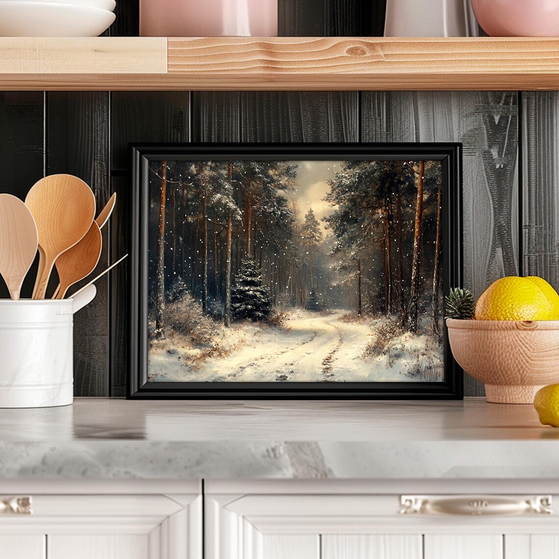 Vintage Moody Snowy Dark Forest Landscape Art Print - Image 4