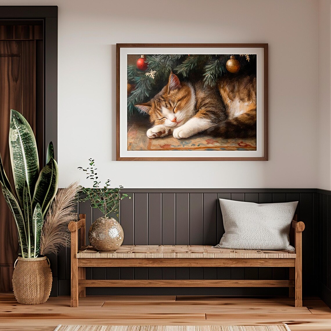 Cat Sleeping Under Christmas Tree, Vintage Art Print - Image 4