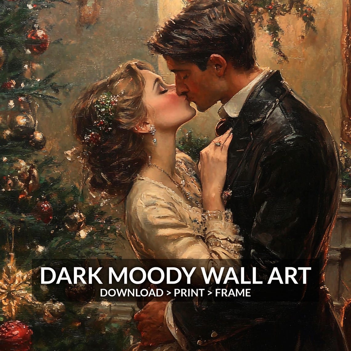 Victorian Couple Kissing By Christmas Tree Fireplace Romance Wall Art - Image 6