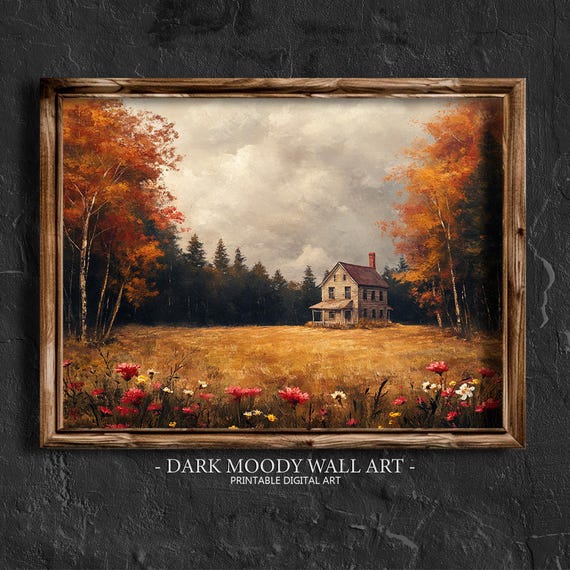 Abandoned House Fall Forest Landscape Painting Country Wall Decor Moody Cottagecore Print Rustic Farmhouse Wall Decor