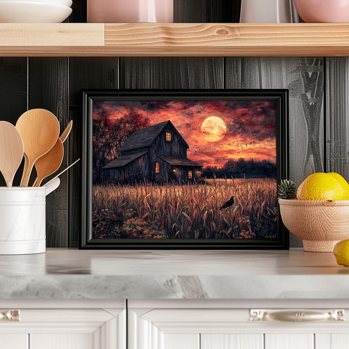 Halloween Barn Full Moon Crows Spooky Night Moody Farm Harvest Poster - Image 4