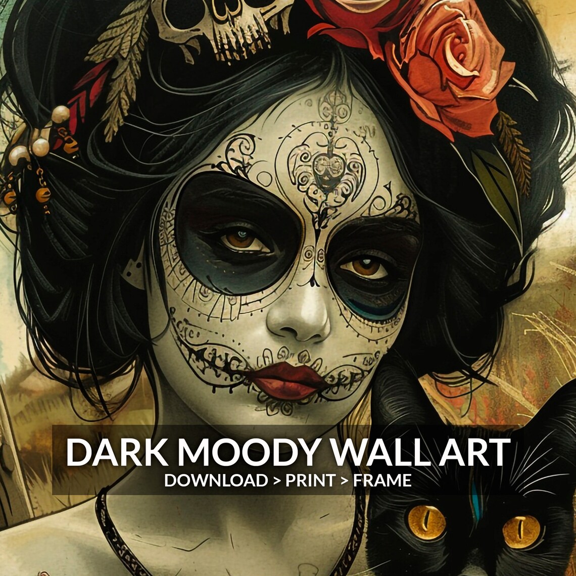 La Catrina With Black Cat Skull Crown Red Roses Dark Painting Poster - Image 4