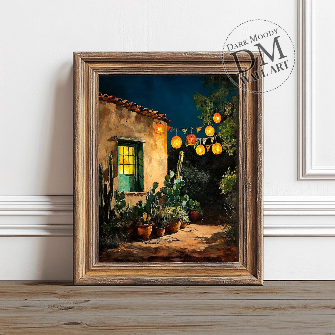 Mexican Hacienda Night Scene Lantern String Lights Cactus Courtyard Poster