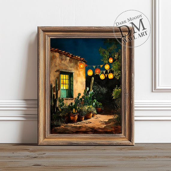 Mexican House Wall Art Rustic Night Cactus Lantern Scene Print