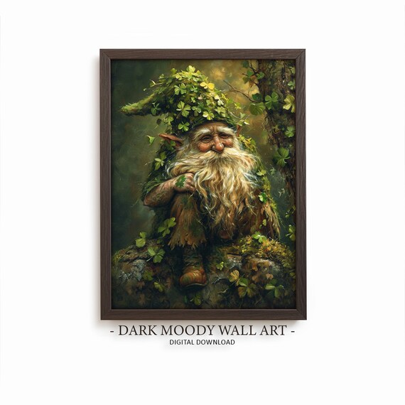 Forest Gnome With Clover Hat Dark Moody Vintage Oil Painting Wall Art