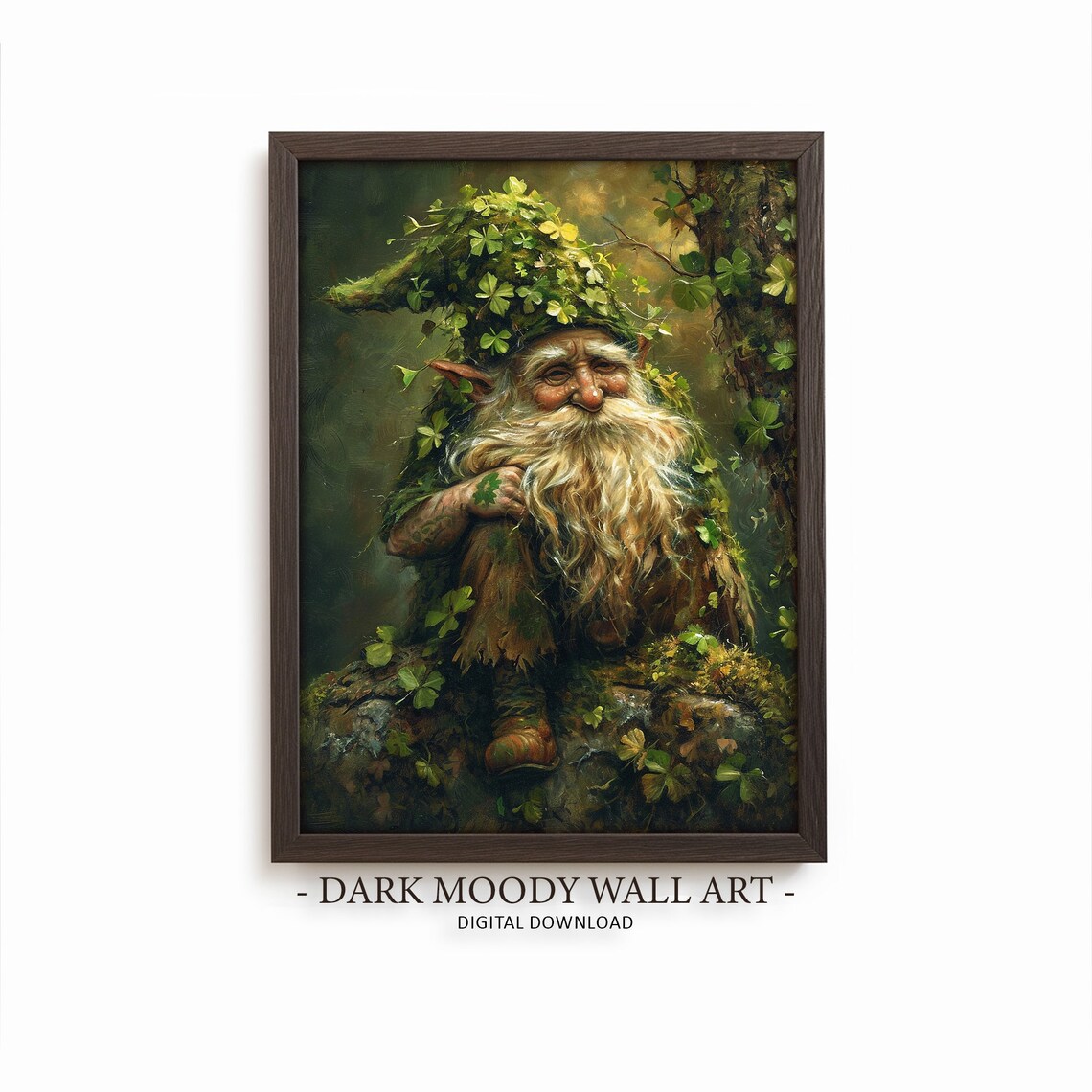 Forest Gnome With Clover Hat Dark Moody Vintage Oil Painting Wall Art