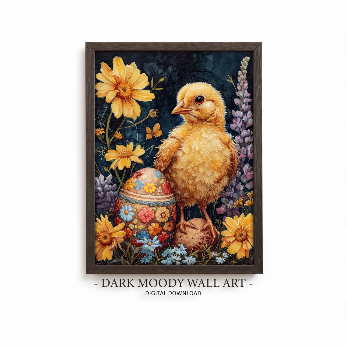 Yellow Chick Painted Easter Egg Sunflower Garden Watercolor Poster