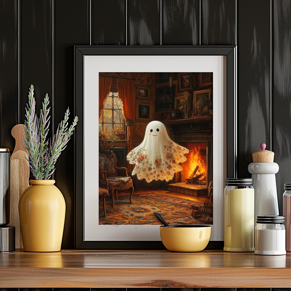 Cute Ghost Floral Sheet Cozy Victorian Parlor Fireplace Wall Art - Image 4