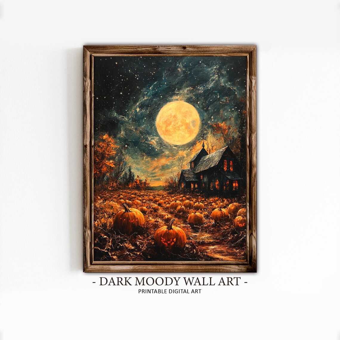 Haunted Pumpkin Patch Under Full Moon Spooky Night Scene Halloween Poster - Image 2