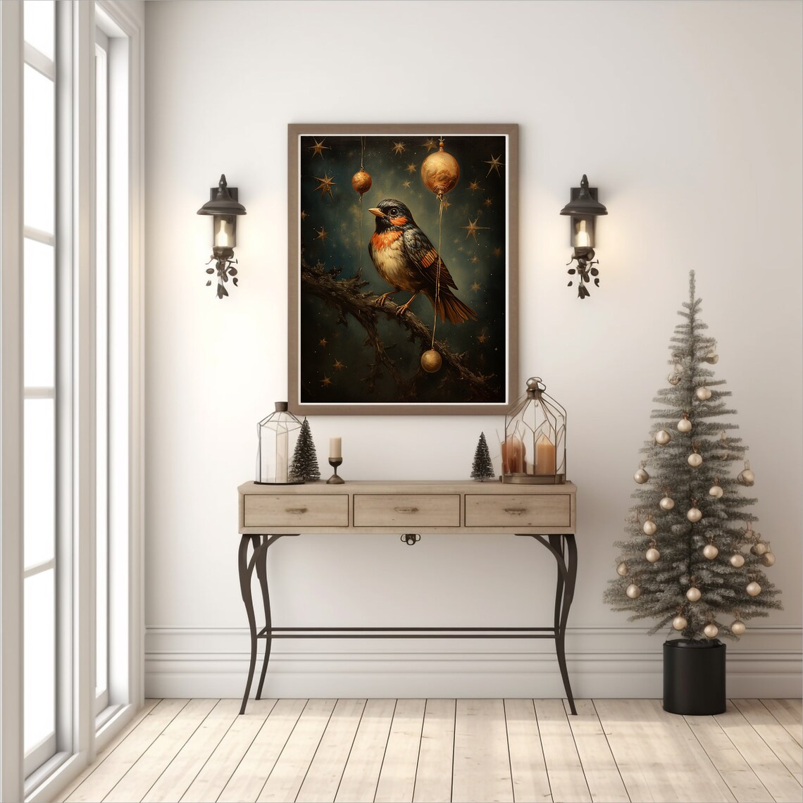 Christmas Bird Golden Baubles Starry Night Holiday Painting Poster - Image 2