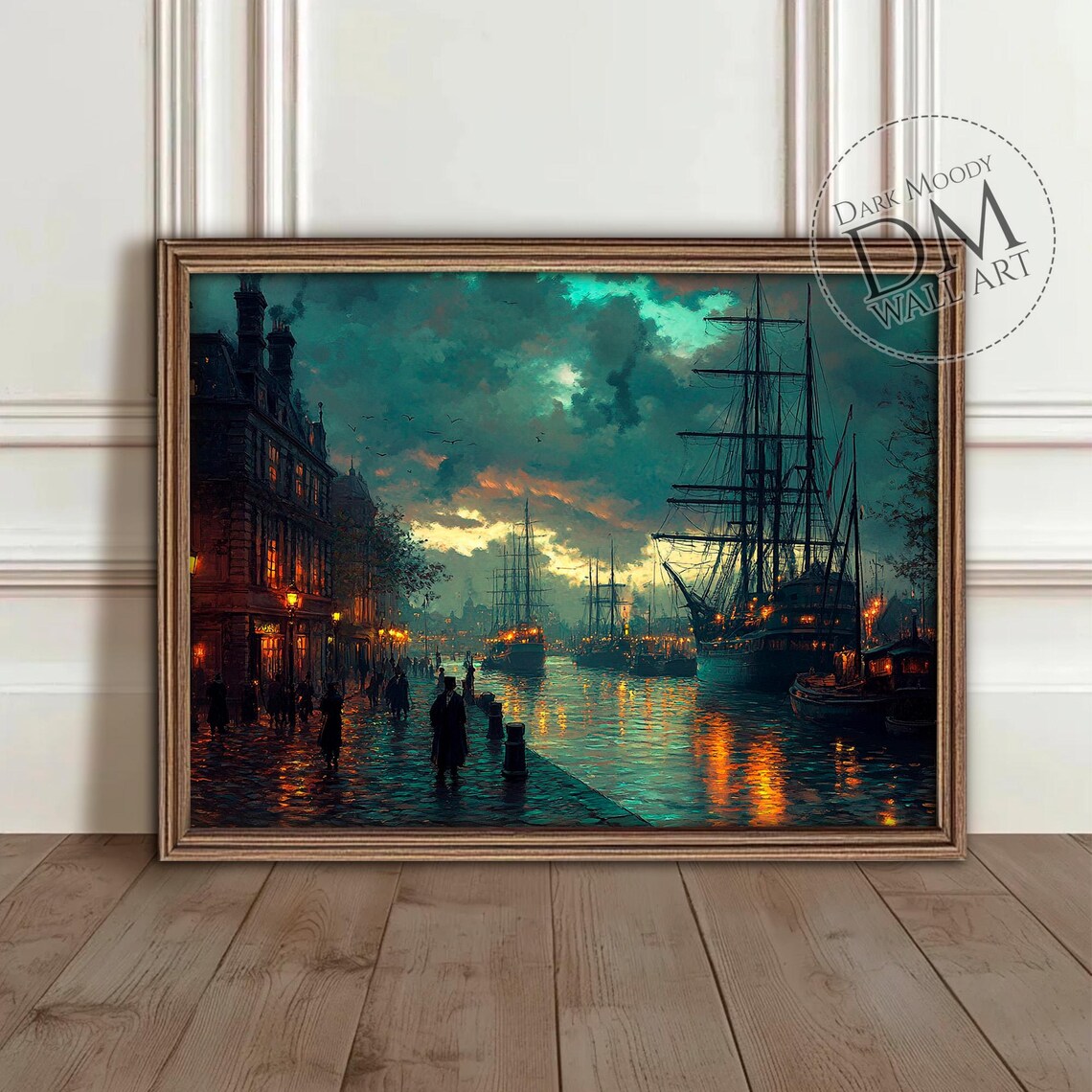 Victorian Harbor At Night Tall Ships Gas Lamps Moody Painting Poster
