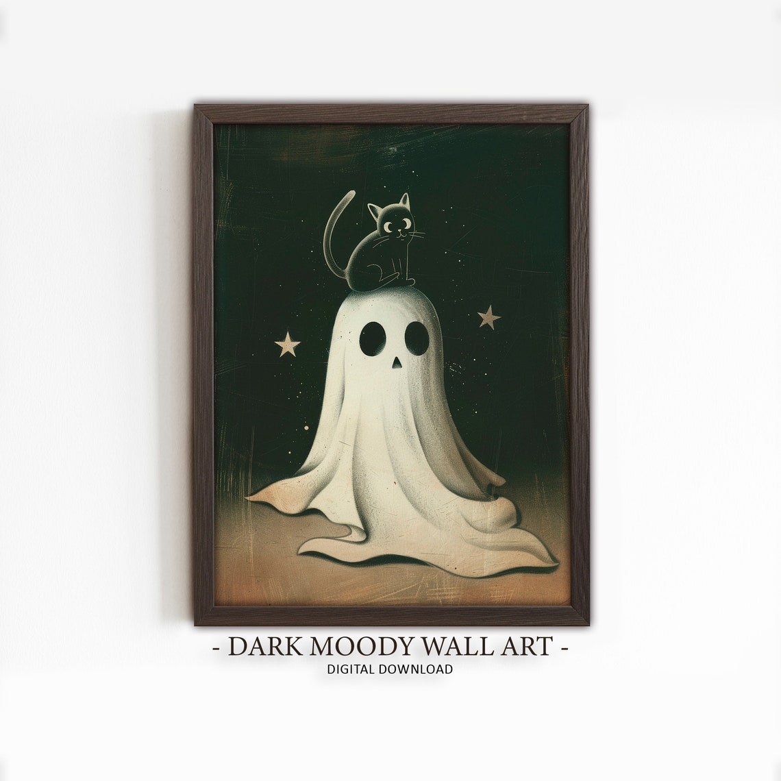 Cute Ghost Painting Cat Halloween Wall Art Dark Academia Decor Gothic Cottagecore Print Halloween Ghost