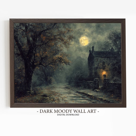 Dark Moody Landscape Village Print Dark Cottagecore Print Rustic Wall Decor