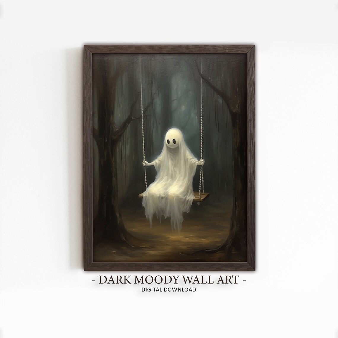 Cute Ghost on Rope Swing in Dark Forest Moody Halloween Painting Poster