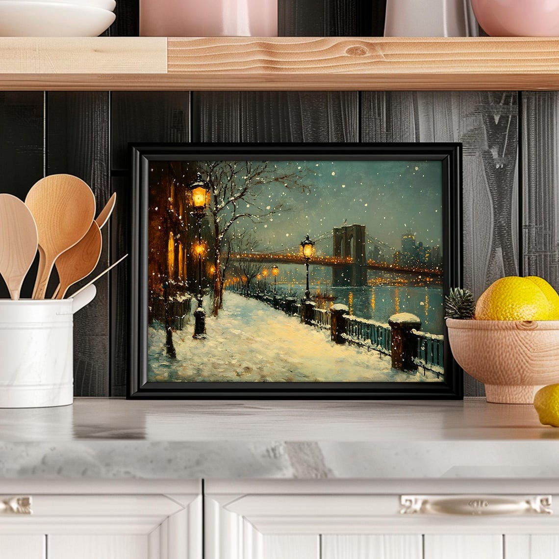 Brooklyn Bridge Snowy Waterfront Promenade Dusk Glow View Poster - Image 5